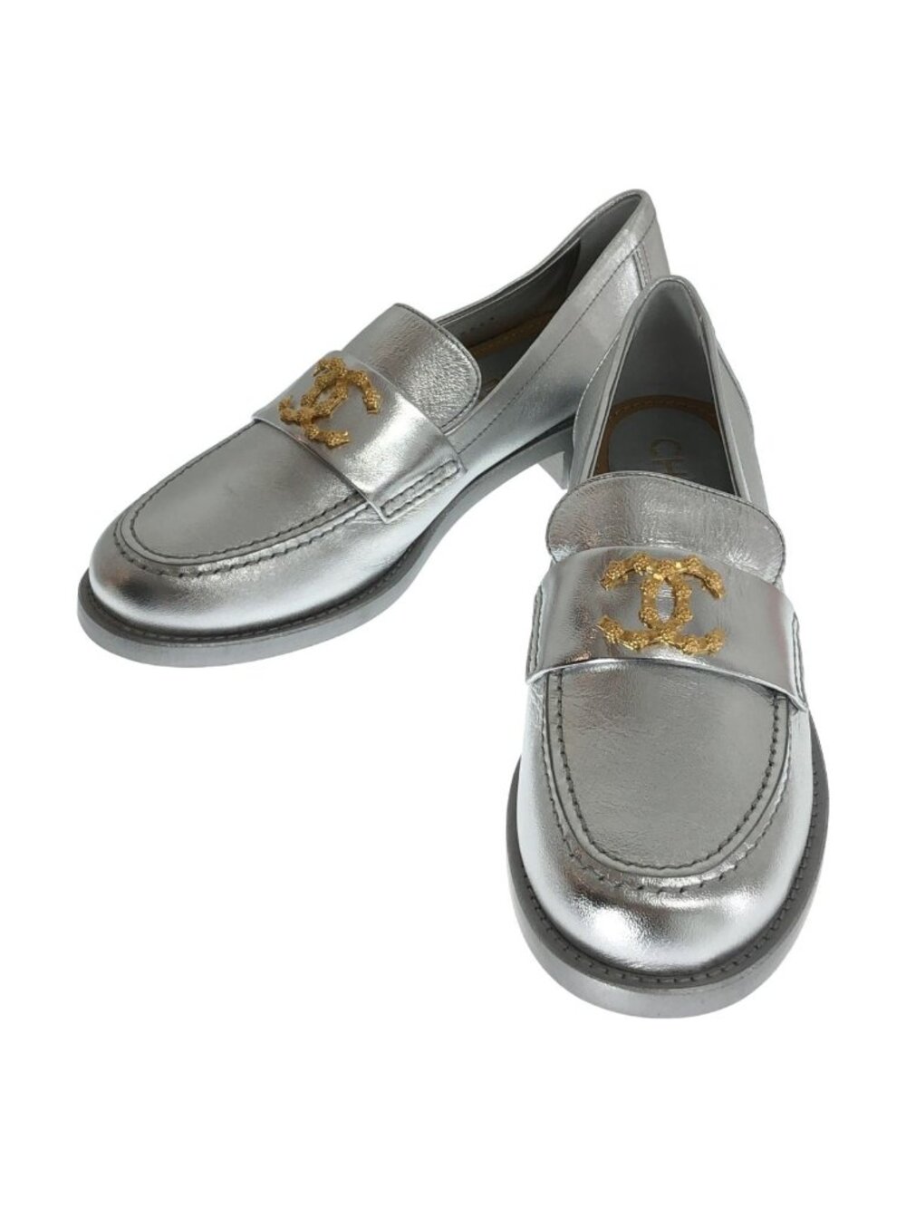 Chanel CC Logo Camellia Loafers Silver
